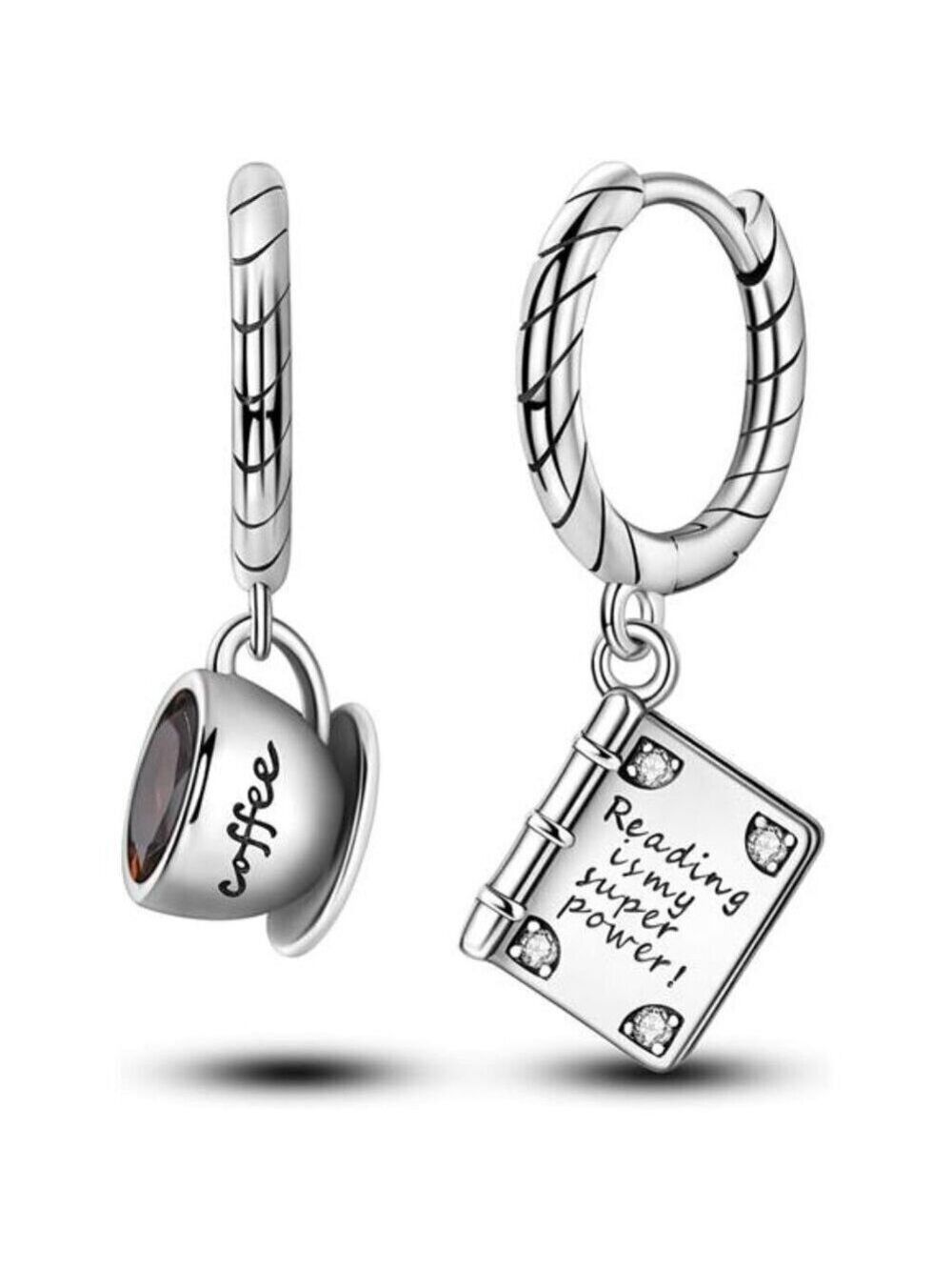 925 Sterling Silver Coffee and Book Drop Dangle Earrings Fashion Hoop Jewelry